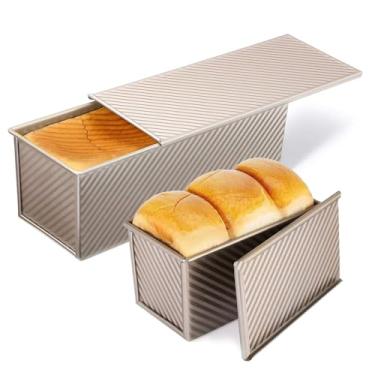 Imagem de Pacote com 2 formas de pão Pullman com tampa, 13 x 4 e 23 x 10 cm (capacidade de massa de 1 kg e 0,5 kg), forma de pão sanduíche antiaderente para pão caseiro, dourada