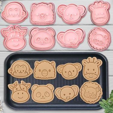 Imagem de Conjunto de 8 mini cortadores de biscoito de animais, carimbos em relevo em relevo em 3D, macaco, alpaca, coala, girafa, vaca, panda, elefante, leão, moldes para assar (floresta-5)