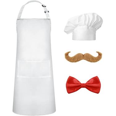 Imagem de SATINIOR Conjunto de 4 peças de avental de chef de Halloween para homens, chapéu de chef, avental branco, fantasia de padeiro, gravata borboleta vermelha, bigode de barba falsa para festa de cosplay