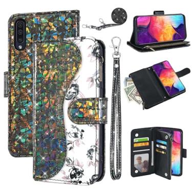 Imagem de Dibosom Capa carteira floral para Samsung Galaxy A50 A50S A30S com alça de pulso alça de ombro flip zíper bolsa porta-cartão, suporte glitter Bling capa para celular para A 50 50S 30S S50 50A SM A505G