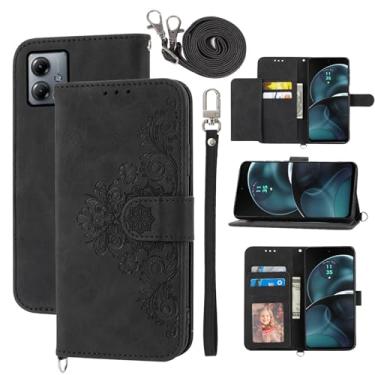 Imagem de Dswteny Capa carteira para Motorola Moto G14 com alça de ombro transversal, couro PU em relevo, flip fólio, suporte fino para cartão de crédito, suporte para celular MotoG14 G 14 mulheres meninas