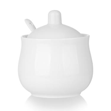 Imagem de CHILDIKE Açucareiro de cerâmica com tampa e colher, pote de armazenamento de açúcar e sal de porcelana branca, 340 g (branco 340 g)