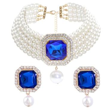 Imagem de JNF Colar gargantilha de pérola banhada a ouro para mulheres colar e brincos de cristal strass pérola declaração colar e brincos nupciais pérolas diamante conjunto de joias para casamento, X-Large