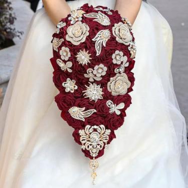 Imagem de SuiHyung Busto luxuoso de strass dourado de 22 cm buquê de flores feito à mão de noiva de alta qualidade buquê de cristal cachoeira gota de água para casamento buquê de flores artificiais (vermelho