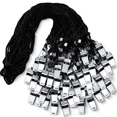 Imagem de 100 peças apito esportivo de aço inoxidável com cordão apito de emergência som alto para professores, polícias, esportes ao ar livre, escola, futebol (preta)