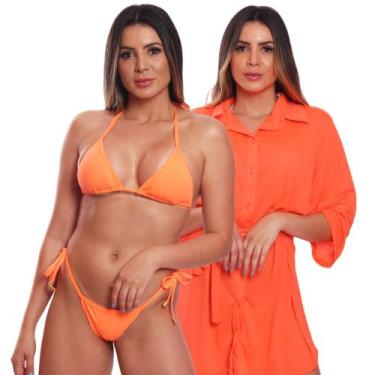 Imagem de Kit Saída de Praia Chemise Camisão Feminino + Biquini Cortininha de Am