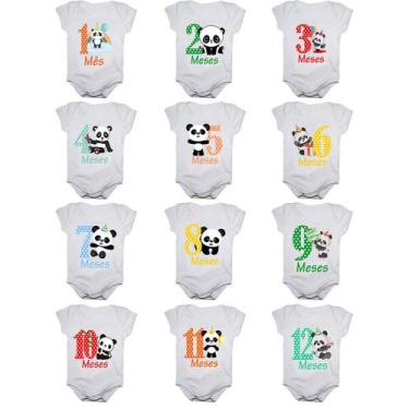 Imagem de Kit body de bebê mesversario panda 12 bodies De 1 a 12 meses - Calupa,