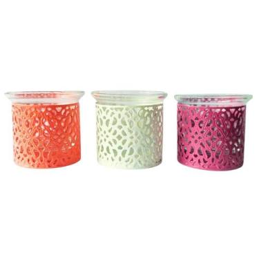 Imagem de Kit Lanternas Marroquinas 3 Peças 6x6cm Vidro / Inox Colorido Saldão -