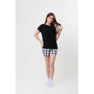 Imagem de Conjunto Pijama Feminino  Camiseta Manga Japonesa Preta  Shorts Xadrez