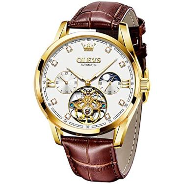 Imagem de OLEVS Relógio de luxo masculino Skeleton Tourbillon Automático Automático Safira Cristal Diamante Lua Fase Display de Couro Genuíno, White Face & Brown Strap