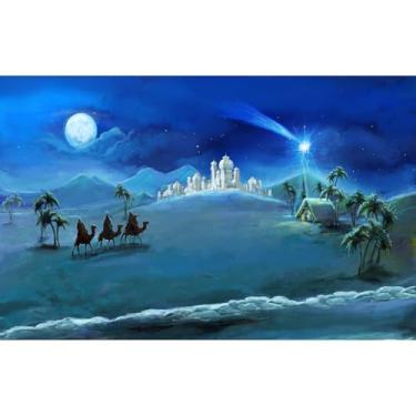 Imagem de Cenário de presépio com estrelas noturnas de Natal, fundo fotográfico, família sagrada e castelo do deserto de três reis, manjedoura de casa de campo, nascimento de Jesus, decoração de Natal, igreja,