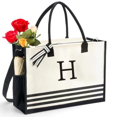 Imagem de BeeminDrop Sacolas de lona com inicial, presentes de aniversário personalizados com monograma para mulheres, mães, professoras, praia, sacolas, letras, Branco, One Size, Listras H