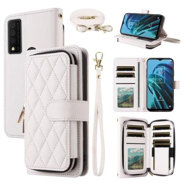 Imagem de Dswteny Argyle Capa carteira para TCL 30XE/30V/4X/20AX/20A/20R/Bremen 5G com alça de ombro, zíper flip crédito capa para celular TLC T601DL 30 XE XE5G V 20 AX R A 6,67 mulheres meninas branco