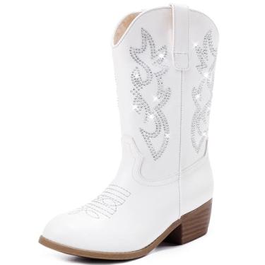 Imagem de LAURMOSA Botas de caubói ocidentais cano médio bico fino infantil botas de cowgirl bordado zíper lateral meninas botas de equitação botas country festa para crianças pequenas e grandes, Strass branco,