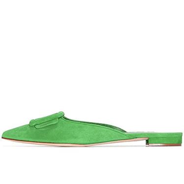 Imagem de Divanne Mules para mulheres, fivela plana mules bico fino frente única Mule Slides Suede Slip On Loafers, Camurça verde, 34 BR