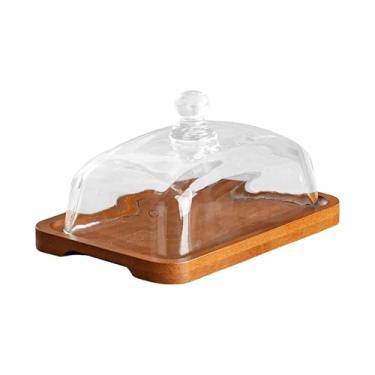 Imagem de SiaBiced Suporte de bolo de madeira com tampa de vidro Caixa de queijo coberta de vidro Suporte para queijo e manteiga, Cor Madeira Escura