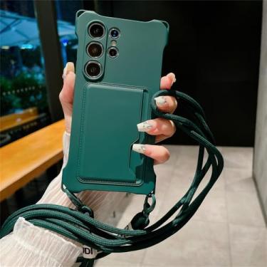 Imagem de Colar crossbody corda silicone macio bolsa de cartão capa de telefone para Samsung S24 Ultra S23 S22 FE A54 5G A53 capa de carteira com suporte de cartão, verde escuro, para Samsung A54 5G