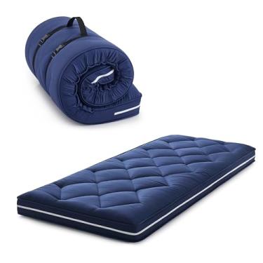 Imagem de Colchão duplo de 10 cm, cobertura de colchão de berço com estrutura de 3 camadas, espuma viscoelástica de gel, capa espessa removível, almofada de dormir dobrável portátil (190 x 96 x 10 cm) azul