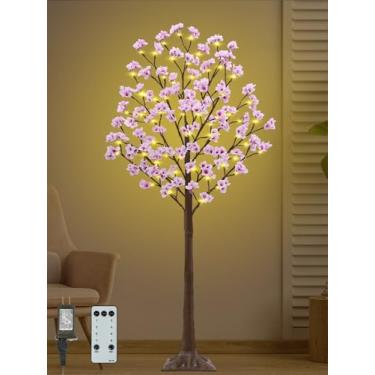 Imagem de Árvore de cerejeira iluminada de 1,8 m – Árvore rosa artificial sintética com 80 luzes, 240 flores exuberantes, temporizador, controle remoto, 8 modos, cerejeira para primavera, casamento, dia dos