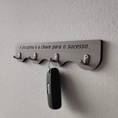 Imagem de Porta Chaves em MDF - Disciplina - 4 Ganchos- Creme e Prata - Okiitech