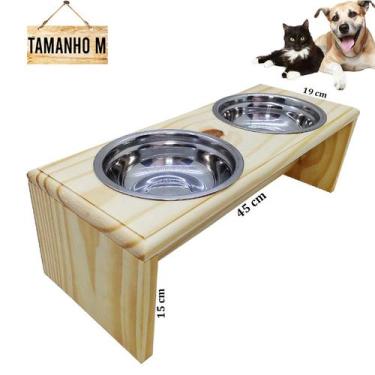 Imagem de Comedouro Madeira Elevado C/ 2 Potes Inox Para Cães E Gatos Tamanho Mé