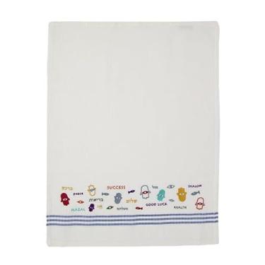 Imagem de EMANUEL Yair Toalha de mão de algodão bordada Hamsa e bênçãos hebraicas – Netilat Yadayim Toalha de prato de algodão 59,7 cm x 34,3 cm Presente judaica (branco TMB-4A)