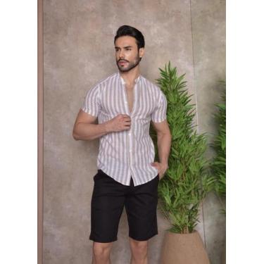 Imagem de Camisa Masculina Social Manga Curta de Linho Estampada Slim  Conquest,