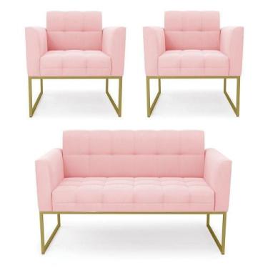 Imagem de Kit 1 Sofá Namoradeira E 2 Poltronas Elisa Suede Rosa Bebê Base Metáli