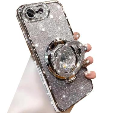 Imagem de Changjia Capa com suporte de glitter para iPhone 16e, linda capa de luxo brilhante com strass de diamante brilhante com protetor de câmera, anel fluido líquido, suporte de TPU (poliuretano