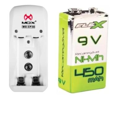 Imagem de Carregador de Pilhas + Bateria Recarregável 9V 450 mAh, Flex