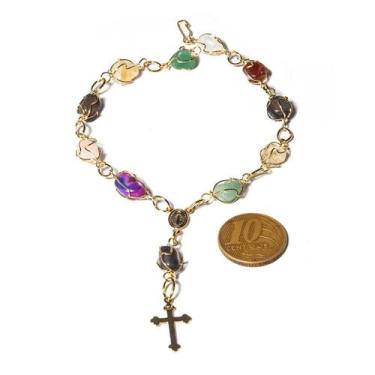 Imagem de Pulseira Terço Pedra Mista Rolado Na Gaiola Dourado - CristaisdeCurvel
