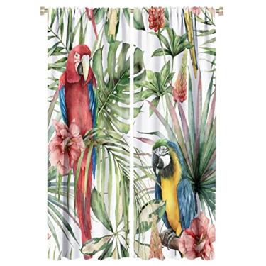 Imagem de Cortina de janela de papagaio tropical folha de palmeira colorida arara pássaro aquarela decoração cortinas de janela para sala de estar cozinha quarto 2 painéis 107x160 cm