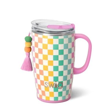 Imagem de Swig Life Caneca de viagem de 510 g, copo isolado com alça e tampa, suporte para copo, seguro para lava-louças, aço inoxidável, xícara de café de viagem (Check Mate)