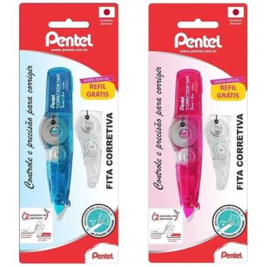 Imagem de Kit 02 Fitas Corretiva Correction Tape Rosa e Azul Retrátil 5mm x 6m +
