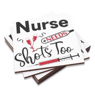 Imagem de 6 peças Nurse Need Shots Too Coasters, porta-copos quadrados engraçados de madeira presentes de enfermeira decoração de mesa para estudantes de enfermagem, presente de formatura, escritório, casa