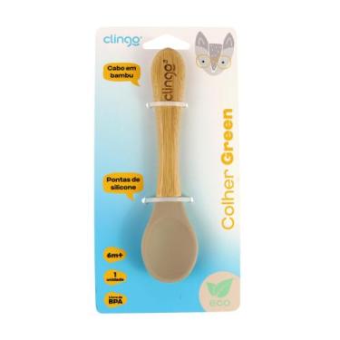 Imagem de Colher de Alimentação Infantil em Silicone e Bambu Fendi - CLINGO