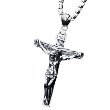 Imagem de PDTJMTG Colar de crucifixo masculino de prata esterlina, pingente de cruz de crucifixo com corrente de aço inoxidável de 56 cm + 5 cm, presente para homens, 1.7" x 1.1" (Pendant), 22" - 24" (Chain