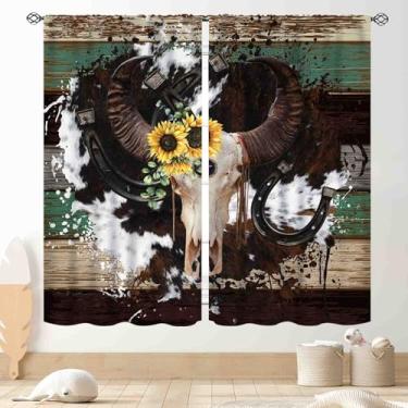 Imagem de Cortinas com estampa de vaca, tribal ocidental, touro, caveira, caubói, couro rústico, retrô, de madeira, rural, janela, tratamentos para quarto, sala de estar, banheiro, 2 painéis, 213 x 160 cm