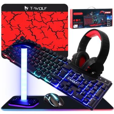 Imagem de Vinsot Conjunto de acessórios de jogos 6 em 1 – inclui teclado, mouse, mouse pad, fone de ouvido, mouse pad LED XL, suporte luminoso para fone de ouvido, conjunto de jogos para PC para iniciantes em