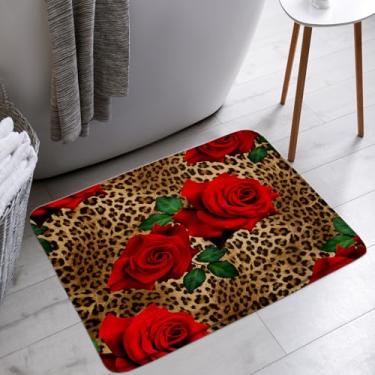 Imagem de Tapete de banho rosa leopardo flor vermelha mista animal selvagem padrão romântico guepardo safári dia dos namorados banheira tapetes de área de banho decoração de banheiro (45 x 76 cm)