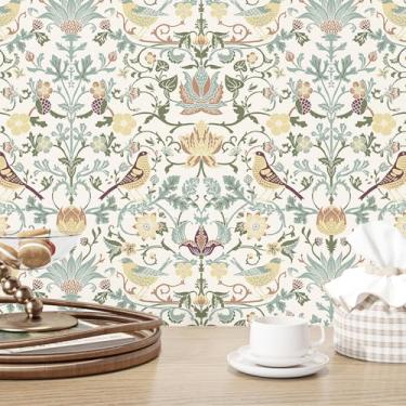 Imagem de Wallderful Papel de parede floral bege vintage William Morris papel de parede autoadesivo pássaro botânico para armários de quarto prateleira mural banheiro vinil retrô damasco vitoriano papel de