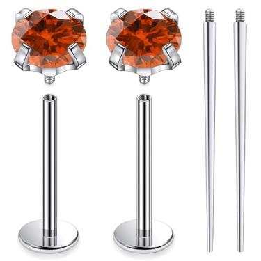 Imagem de Ruifan ASTM F136 titânio bochecha piercing barra jóias internamente rosca plana língua anéis laranja zircônia cúbica sólido titânio labret piercing corporal joias para mulheres homens 14G 16 mm