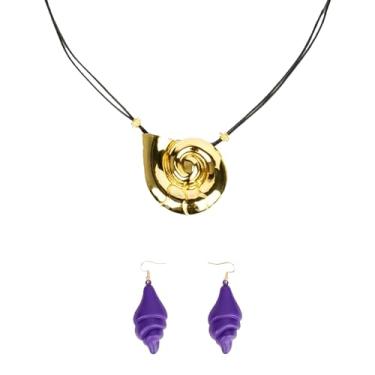 Imagem de Probeauty Conjunto de acessórios de cosplay de concha de bruxa do mar, colar de concha dourada de sereia e brincos de concha roxa para festa de fantasias de rainha de Halloween, Adult, Liga de aço