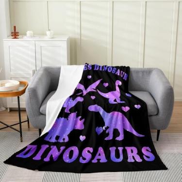 Imagem de Feelyou Cobertor de lã de dinossauro 127 cm x 152 cm para crianças 3D estampa de dinossauro cobertor de flanela felpudo para sofá sofá meninos meninas adolescentes roxo preto todas as estações