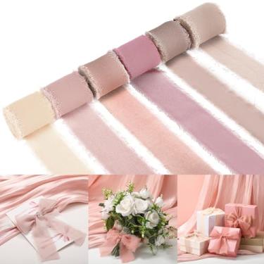Imagem de Nuanchu 6 rolos de fita de chiffon rosa empoeirado 2,5 cm x 42 jardas fitas de seda com bordas desgastadas feitas à mão para convites de casamento, presentes para embrulhar buquês de noiva, chá de