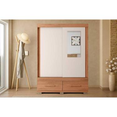 Imagem de Guarda Roupa Solteiro 2 Portas de Correr (1 c/ Espelho) e 2 Gavetas Sereno Freijo/Off White - Caemmun