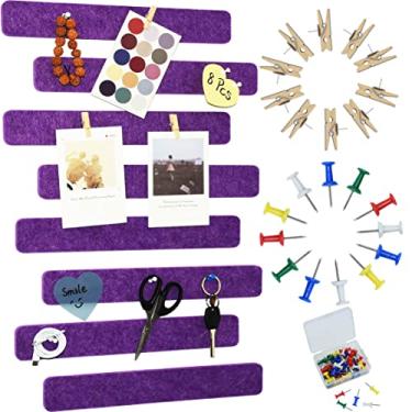 Imagem de YOUDEFUL 8 peças de tiras para quadro de avisos, tiras de barra de feltro roxo com 50 pinos, tiras autoadesivas para quadro de cortiça de feltro para parede para exibir suas notas, fotos, agendamentos, anúncios