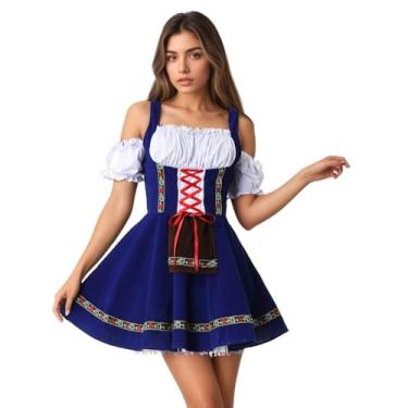 Imagem de yolsun Fantasia feminina Oktoberfest, fantasia de Dirndl da Baviera para adultos, ombro de fora, festival de cerveja alemão, vestido de Halloween, Azul, M