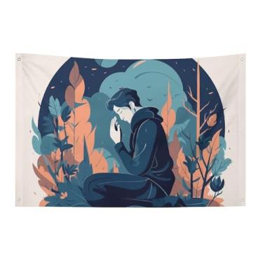Imagem de Bandeira de pessoa rezando 61 x 89 cm não desbota bandeira de boas-vindas bandeiras de jardim quintal casa bandeiras decorativas jardim quintal banner interior exterior festa decoração de casa
