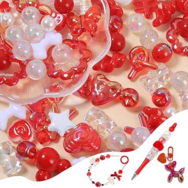 Imagem de 45-60 peças de contas sortidas de acrílico grande com glitter vermelho para fazer pulseiras, revestimento UV, contas focais para canetas, laço de flor, redondo, urso, amor, coração, frutas, conta